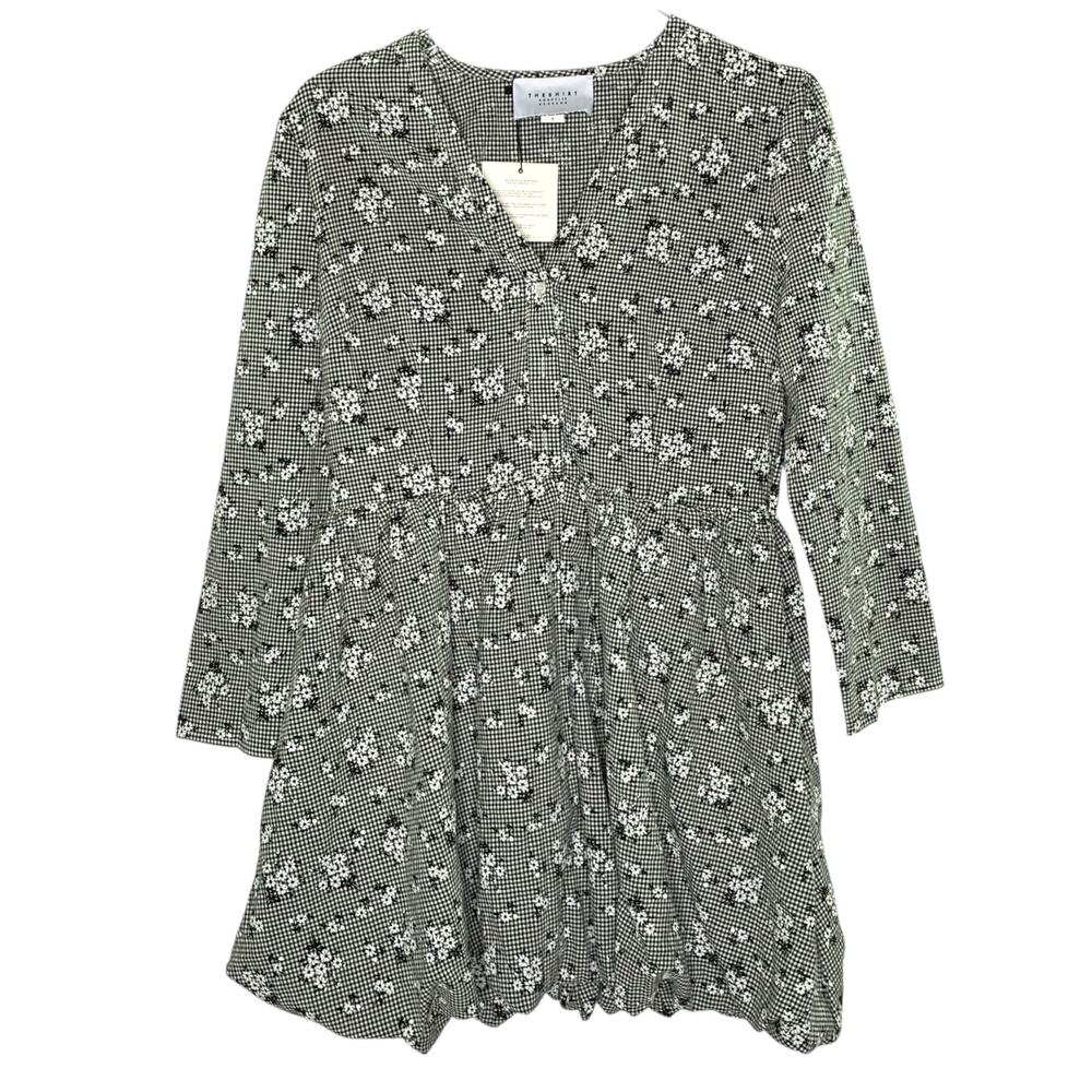 The Shirt Rochelle Behrens L NEW Gingham Floral Mini Dress Black White *flaw